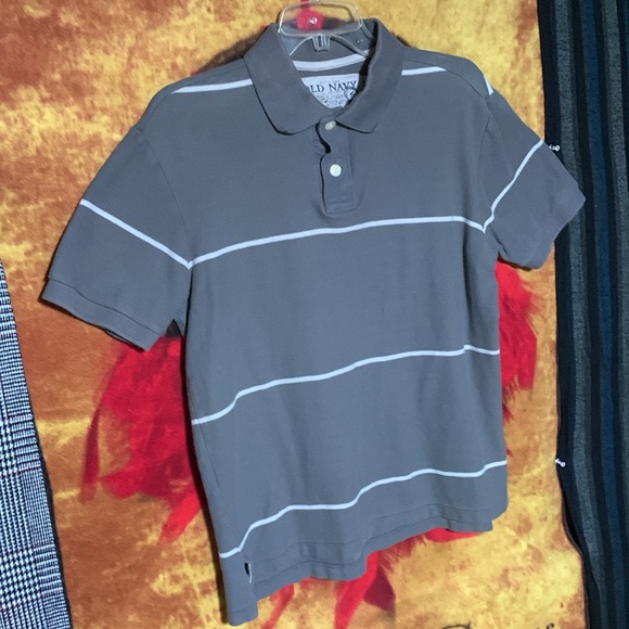OLD NAVY-men’s gray/white stripe cotton short sleeve button polo shirt - Picture 4 of 10